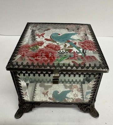 NICOLE MILLER Bird Flowers & Butterflies Ormolu Beveled Glass Jewelry Box