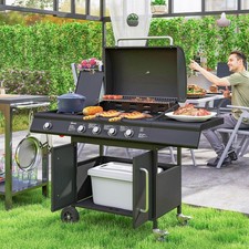 Outsunny Gasgrill 15,2 KW Grillwagen inkl 5 Edelstahl-Brenner Rolle Seitenkocher