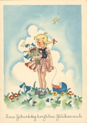 Happy Birthday, Girl with Sunflower, Artist Postcard