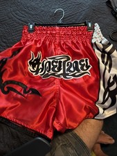 Muay Thai Boxing Shorts Red White Gold Satin Embroidered XL Kickboxing MMA