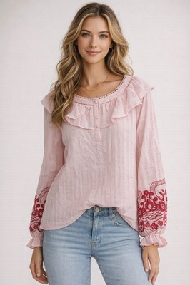 Savanna Jane Pink Ruffle Peasant Blouse Embroidered Sleeves Boho Cotton