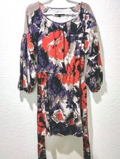 Nine West Womens Dress 8 Sheer Cold Shoulder Puff Boho Sleeve Tie belt Floral