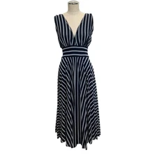 Fuzzi M Medium Striped Hollywood V-Neck Dress MIDI Navy White Italy Designer