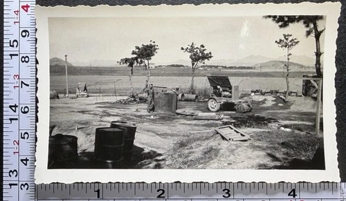 Army Military Fuel Depot Generator Vintage BW WW2 Era Photo Snapshot