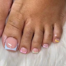 Colorful French Tip Press on Toenails Short Square Fake Toenails Glossy Nude ...