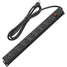 Metal 8 Outlet Power Strip Wall Mount Heavy Duty 15A 6FT Cord Black