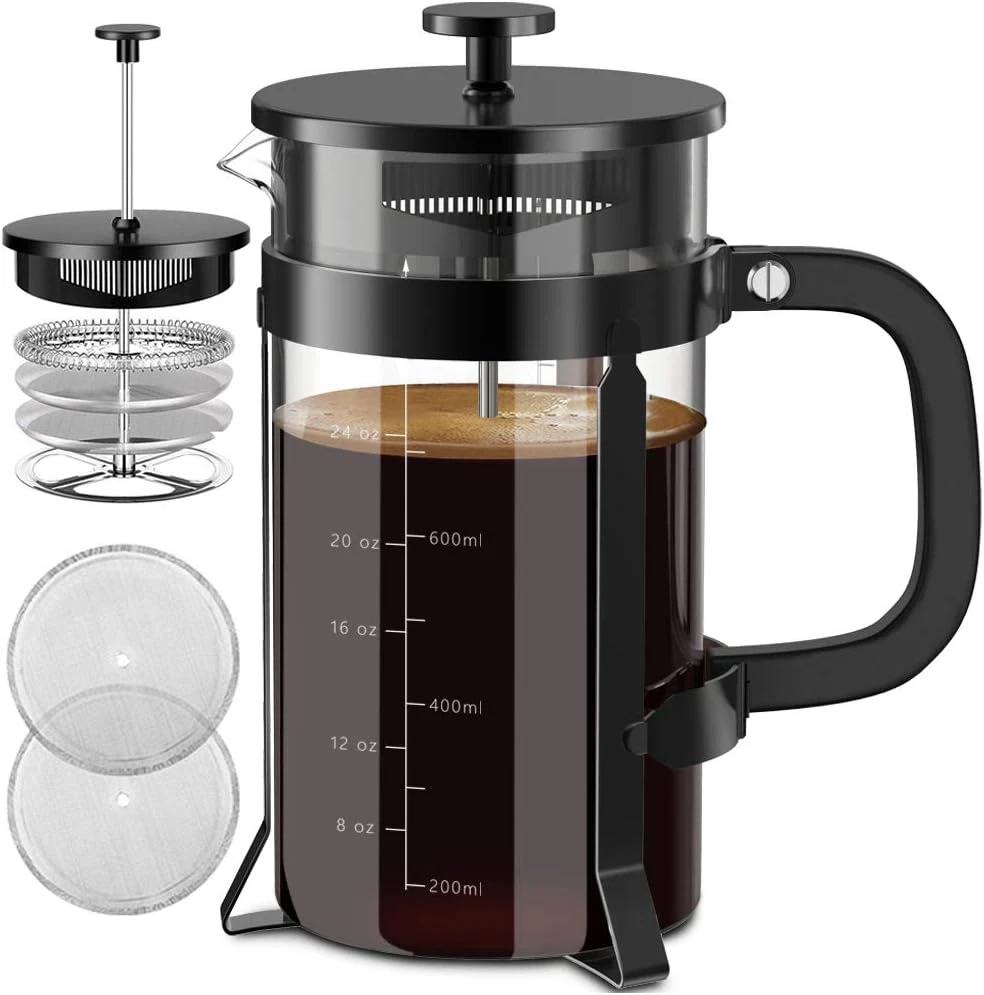French Press Coffee Maker 34oz Stainless Steel with 4 Filters BPA Free (BLACK)