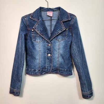 2B Real Denim Jacket Kids Size 14/16 Blue Y2K Style Embellished Rhinestone - Image 1 of 4