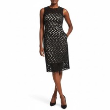 Vince Camuto Women Dress Lattice Embroidered Faux Leather Trim Cocktail Luxe 8