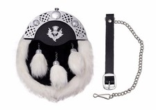 FULL DRESS KILT SPORRAN RABBIT FUR & CELTIC CANTLE FREE CHAIN BELT MULTI DESIGNS