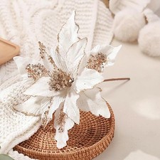 Christmas Poinsettia Artificial Flowers 6 PCS Shining Glitter White Ornament
