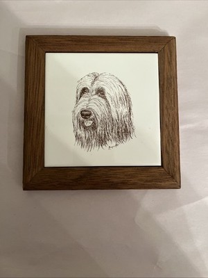 Framed Ink Sketch of A Bearded Collie Dog Head On A Ceramic Tile Wall Decor Art