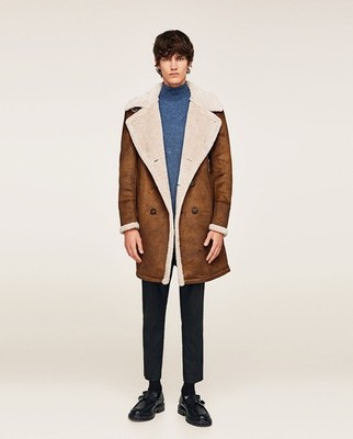 ZARA MAN Brandy Faux Suede Shearling Double Breasted Coat XL NWT 0706/208
