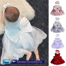 Newborn Baby Girl Bow Dress Sleeveless Lace Princess Tutu Wedding Dress Set