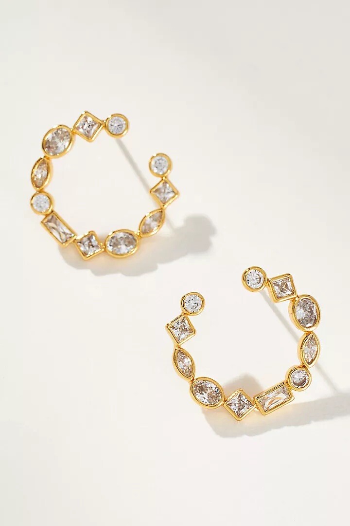 NWT Anthropologie Open Circle Mixed Stone Hoop Earrings Gold SRP $44