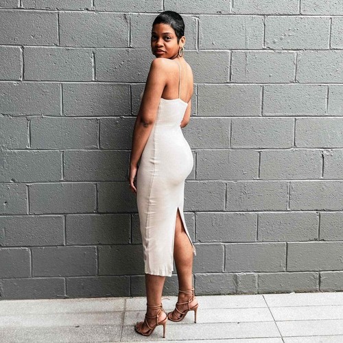 Blanc Dress Womens Large Beige Nude Strappy Midi Bodycon Ladies - Picture 5 of 5