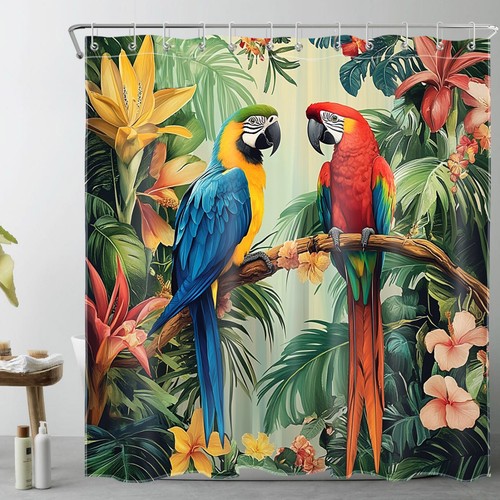 Summer Green Palm Leaves Parrot Bird Shower Curtain Bathroom Accessories Set - 第 19/23 張圖片