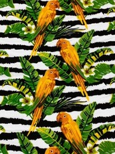 1 1/4 Yd Tropical Parrot Floral Rayon Challis Fabric Black Stripe Hawaiian