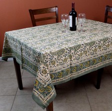 Cotton Block Print Tablecloth Square Rajasthan Paisley Floral Green Yellow Linen