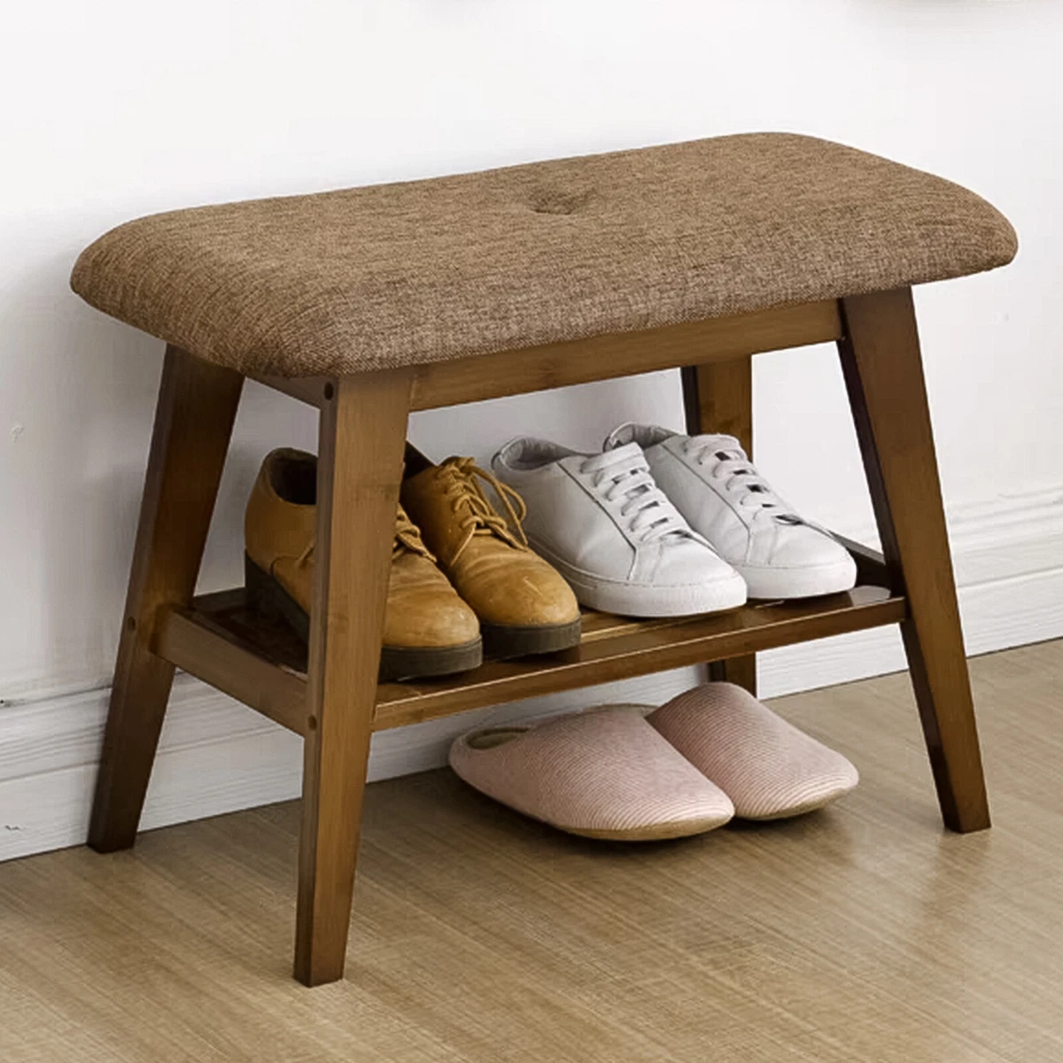 Small Bamboo Shoe Rack Bench Cushion Seat 2Tier Entryway Storage Shelf  Organizer