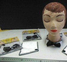 Lot of 3 White satin collar bowtie and cuffs set black button adult one size