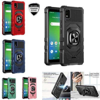 For Cricket Vision Plus Ring Kickstand Phone Case Cover with Temper Glass Screen