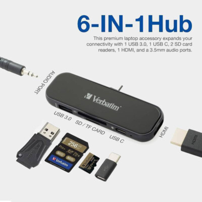 BRAND NEW Verbatim 6-in-1 USB C Hub Adapter - 100W Power Delivery, USB 3.0 Ports