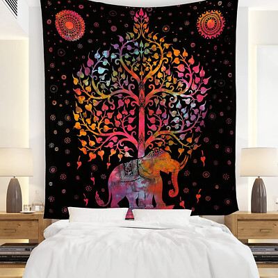 Indian Mandala Tree Of Life Wall Hanging Elephant Tapestry Throw Decor Bedspread