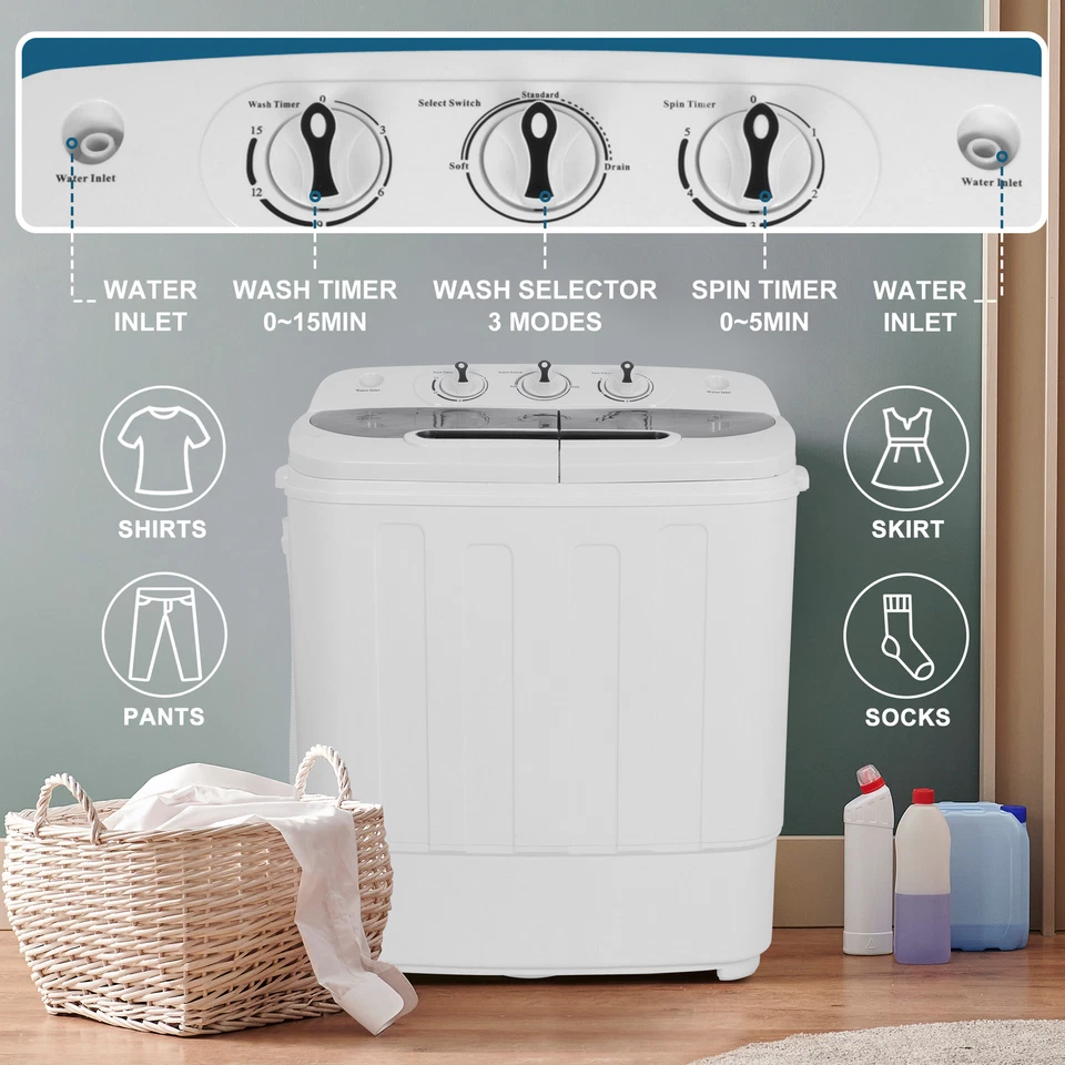 Portable Compact Twin Tub Wash Machine Washing&Spin Cycle 13Lbs Top Load Washer - Image 3 of 4