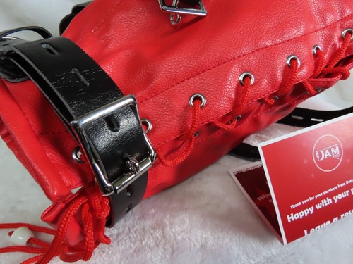 Bondage hood faux LEATHER Red & Black, Lockable 3 padlocks, BDSM, Gimp, SM Slave - Picture 4 of 8
