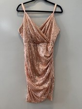 Grace Karin Rose Gold Sequin Bodycon Mini Dress Women’s L Spaghetti Strap Ruched
