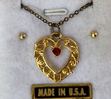 Heart Necklace  Earrings Set Red Crystal In Open Gold-toned Heart Pendant As Is