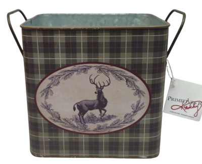 Rustic Deer buck Galvanzied bin lodge Hunting decor Primitive storage gift Nwt