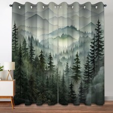 Forest Green Blackout Curtains Patterned Misty Nature Rustic Grommet Window D...