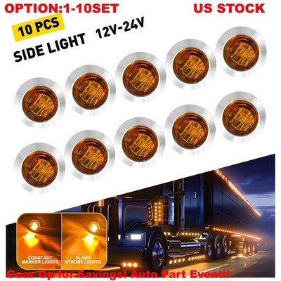 3/4'' 12V Trailer Side Marker Strobe Light LED Truck Amber Lamp w/ Ring 10-100x