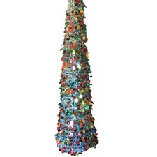 6 ft Pre-Lit Pop Up Christmas Tinsel Tree Decor Reusable Collapsible Silver NEW