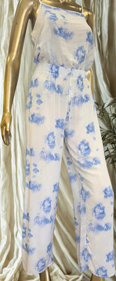 Women s Blue/White Spaghetti Strap Wide-Leg Jumpsuit Size Small