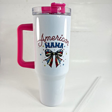 Stainless Steel Travel Tumbler 30oz America Mama Patriotic Cup Pink Handle