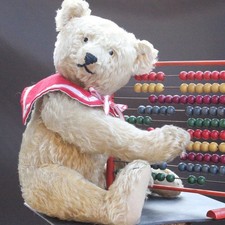 Ancien ours en peluche Steiff adorable 1930 50cm long F & bavoir & caculatrice