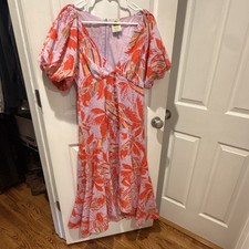 FARM Rio Purple/Red Floral Puff Sleeve Long Dress Button Women's M
