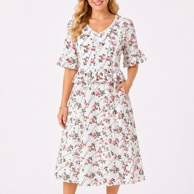 Nectar Clothing L White Floral A Line Dress Lace Trim Midi Romantic Cottagecore
