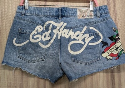 Ed Hardy Denim Cut-Off Shorts   Women s Size L (34) Painted Love Eternal Design