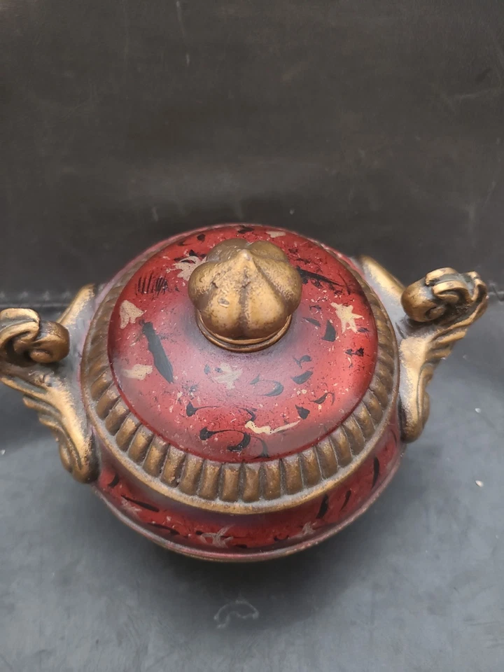Tarro de urna decorativo con tapa estilo vintage resina dorada roja acento barroco decoración del hogar Foto 4 de 4