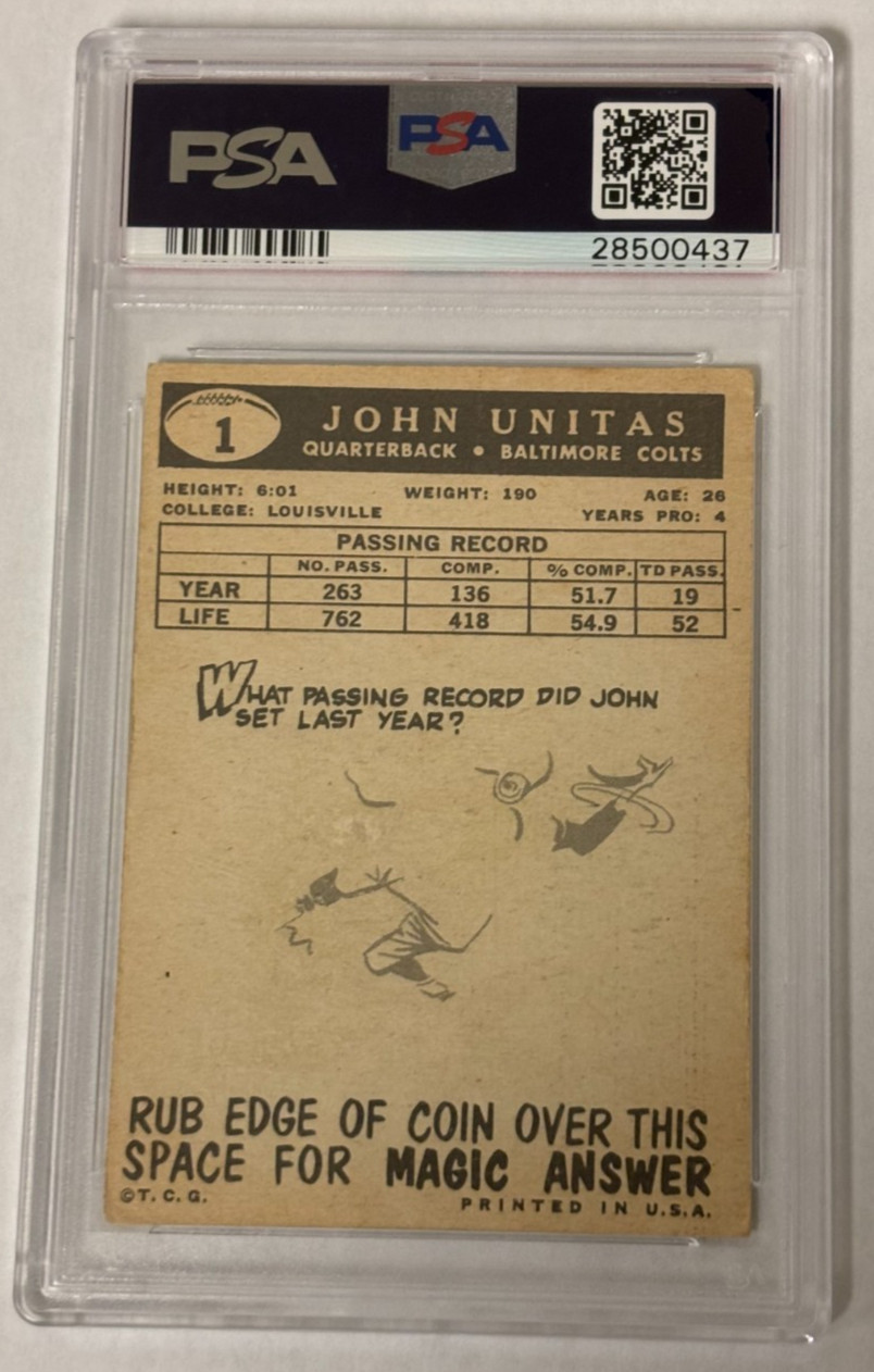 1959 Topps Football #1 Johnny Unitas Graded PSA 3 VG Baltimore Colts view 4