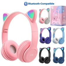 Wireless Cat Ear Headphones LED Light Up Stereo Headset Foldable Bluetooth Mic