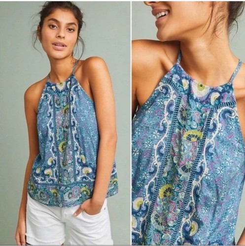 Anthropologie Akemi + Kin Embroidered Floral Halter Top Blue Women Size 16 Boho