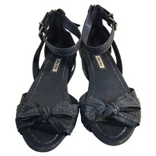 Sz 9 Miu Miu Blue Leather Bow Flat Sandals Ankle Strap Women Italian Handmade
