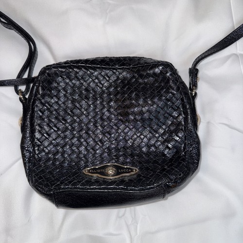 Elliot Lucca Black Woven Leather Small Shoulder Bag Crossbody Vintage Adjustable