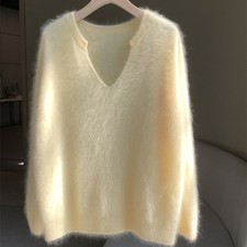 Maglione Donna In Lana Sintetica Mohair Maniche Lunghe Maglia Girocollo V-Neck