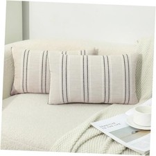 Boho Throw Pillow Covers Striped Linen Set 12 x 20 Inch Sef of 2 Black Beige